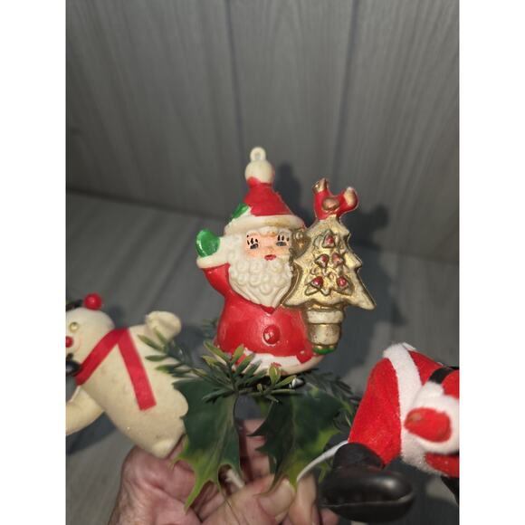 Vtg Flocked Snowman Santa Blowmold Decorative Pick Christmas Tree Decor Set Of 3 - Picture 5 of 15